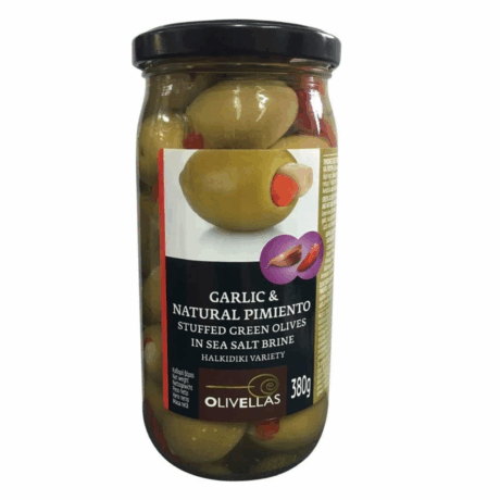Olives 380g green with pepper+garlic Olivell Olivellas, Greek olives